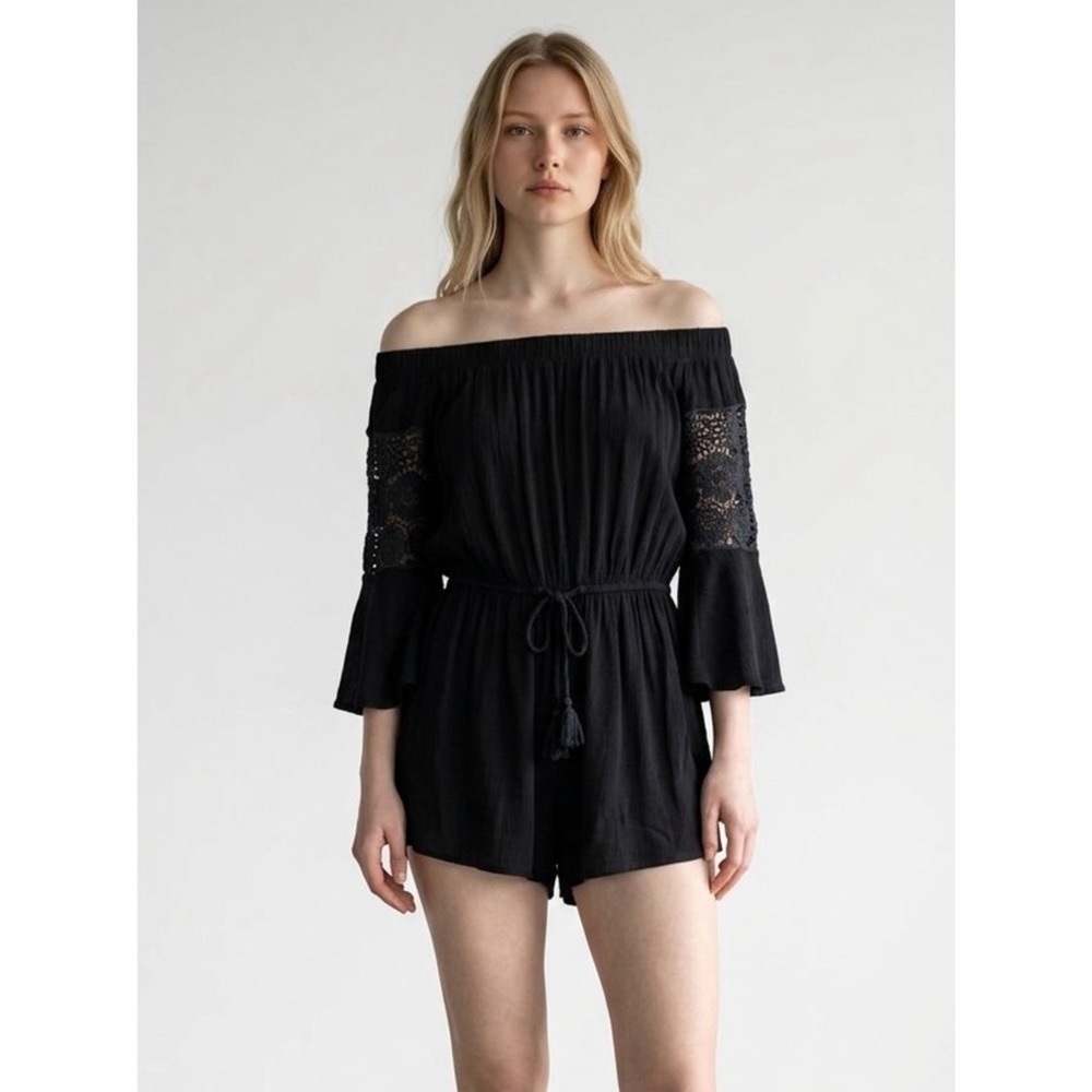 Blush Black‎ Off the Shoulder Crochet Lace Bell Sleeve Romper Boho